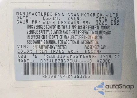2019 Nissan Sentra S from USA, damaged, VIN 3N1AB7AP4KY350763